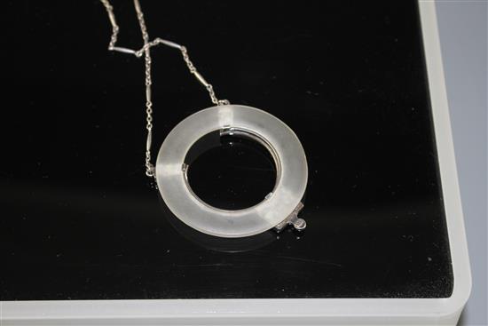 An Art Deco style paste mounted frosted glass? pendant necklace, marked 925, pendant 63mm, chain, 42cm.